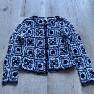 VINTAGE Airport Brand Crochet Granny Square Sweater M Blue Patchwork Knit